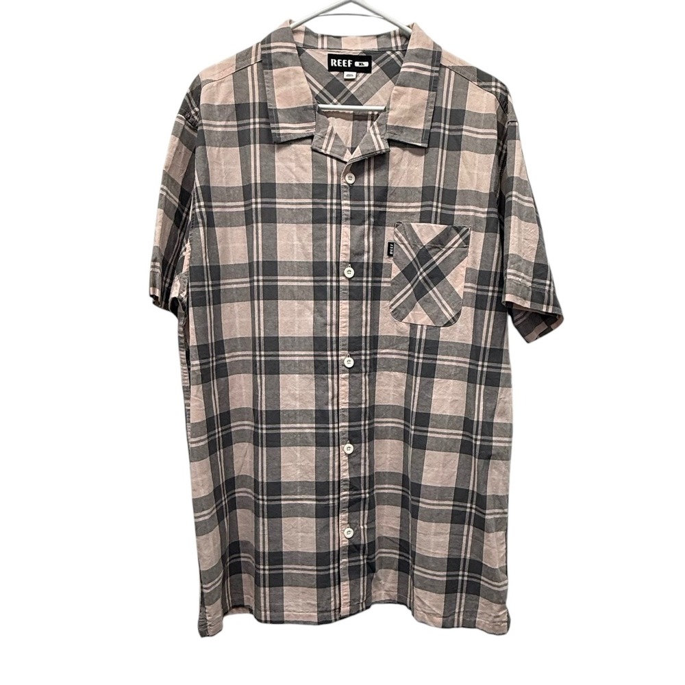 Reef Ryder SS Woven Shirt Mens XL Sepia Rose Pink Plaid Cotton Preppy Casual NEW